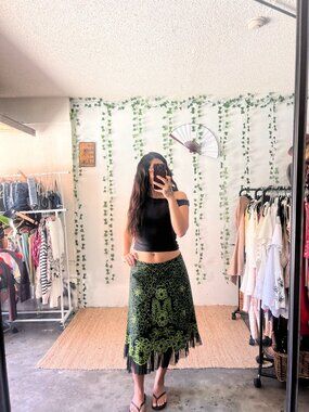 Black and green Basil & Maude beaded floral a line midi skirt with mesh trim